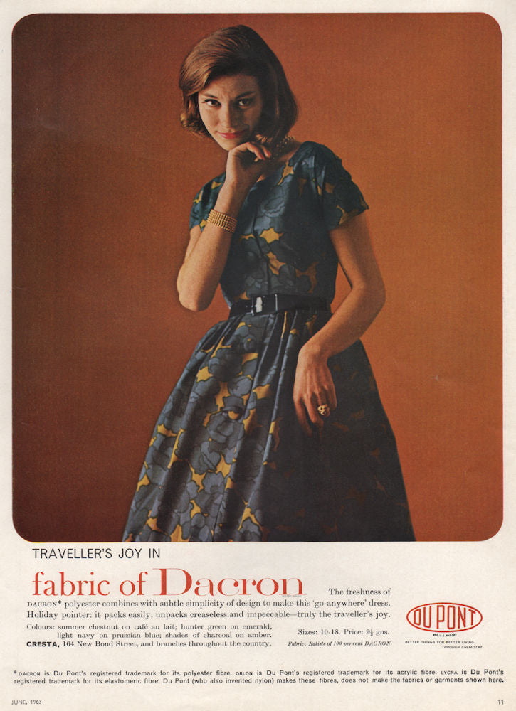 Traveller's Joy in fabric of Dacron. Dupont. Fashion advert. BRITISH VOGUE 1963